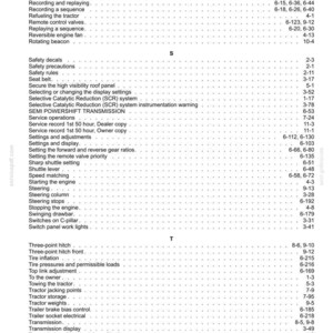 May include: A black and white index page from a technical manual, listing topics alphabetically from R to V. The text includes entries such as Rear Power Take-Off, Safety decals, Steering, Three-point hitch, and Variable engine power management.