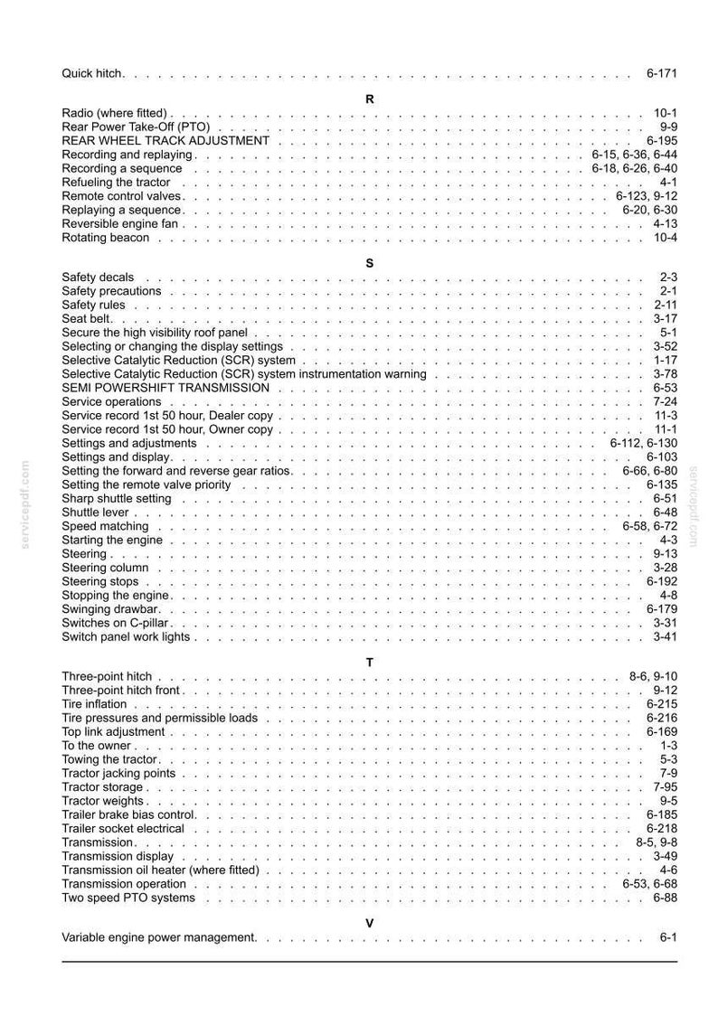 May include: A black and white index page from a technical manual, listing topics alphabetically from R to V. The text includes entries such as Rear Power Take-Off, Safety decals, Steering, Three-point hitch, and Variable engine power management.