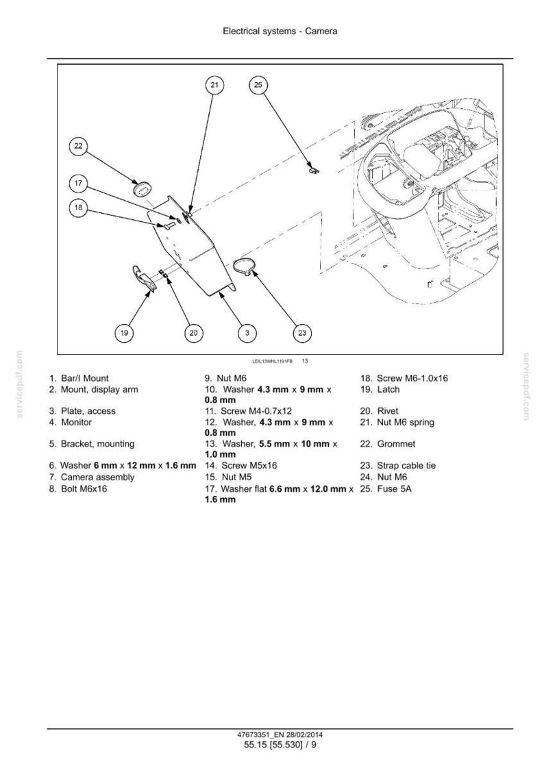 May include: Diagram of a camera assembly with labeled parts, including a bracket, access plate, and various washers and screws. The diagram includes measurements in millimeters and is labeled "Electrical systems - Camera."