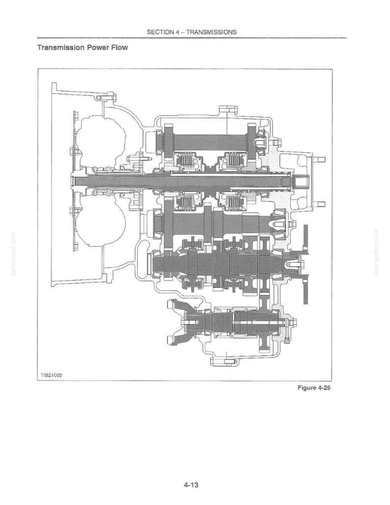 May include: Technical diagram illustrating transmission power flow, labelled "SECTION 4 - TRANSMISSIONS". The diagram shows internal mechanical components, including gears, shafts, and housings. The figure is labelled "Figure 4-25".