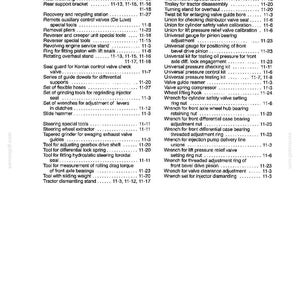May include: A black and white technical document page titled SECTION 11 - SPECIAL TOOLS. The text lists various mechanical tools and equipment, including wrenches, extractors, and testing kits, with corresponding page numbers for reference.