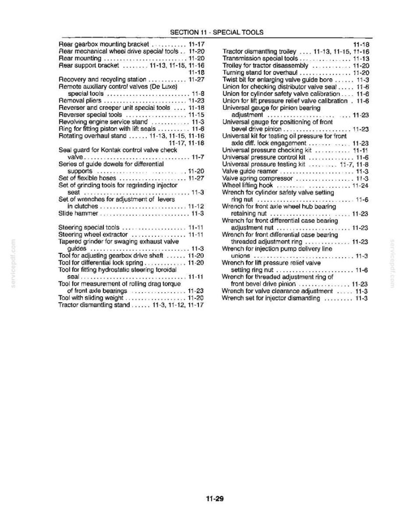 May include: A black and white technical document page titled SECTION 11 - SPECIAL TOOLS. The text lists various mechanical tools and equipment, including wrenches, extractors, and testing kits, with corresponding page numbers for reference.