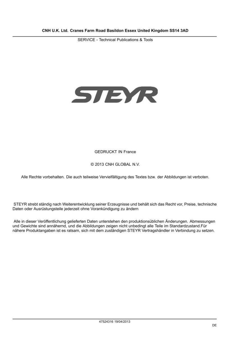 May include: A technical document page from CNH U.K. Ltd. featuring the STEYR logo at the top center. The text includes copyright information from 2013, a disclaimer regarding technical specifications, and the document code 47524316 dated 19/04/2013.