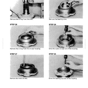 May include: A black and white diagram illustrating mechanical repair steps. The images show the removal of parts such as o-rings, bearing cones, and oil seals. Each step is numbered and accompanied by descriptive text detailing the process.