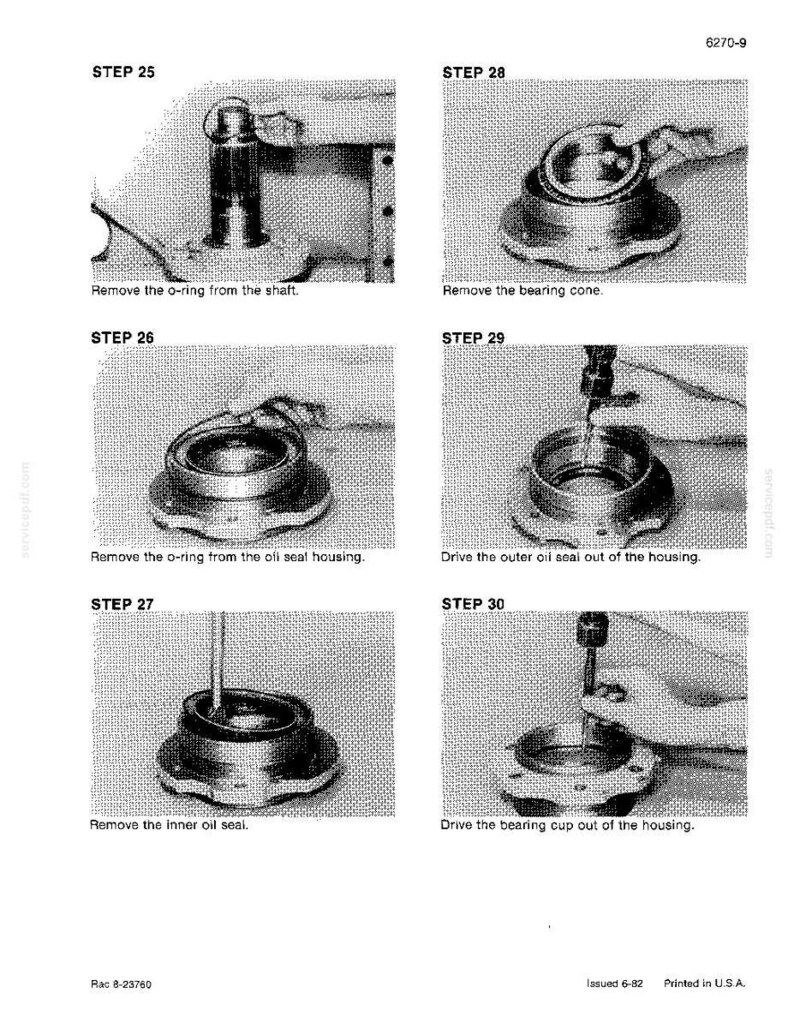 May include: A black and white diagram illustrating mechanical repair steps. The images show the removal of parts such as o-rings, bearing cones, and oil seals. Each step is numbered and accompanied by descriptive text detailing the process.