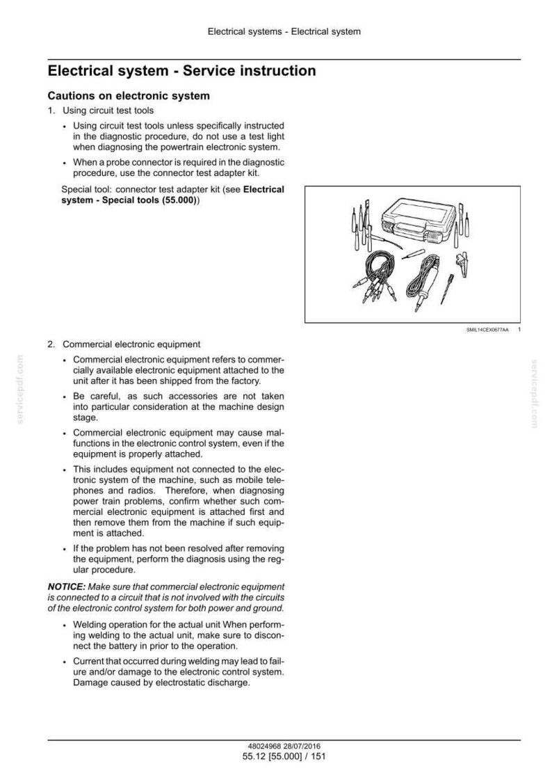 May include: A page from a service manual titled "Electrical system - Service instruction." It includes text about electronic systems and a diagram of diagnostic tools, including a case, probes, and cables.