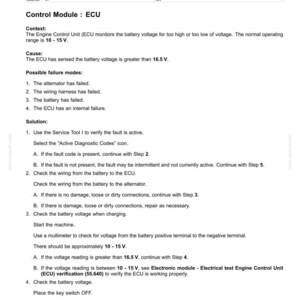 May include: A diagnostic document detailing fault codes for electrical systems. The text describes a battery potential issue, including the normal operating voltage range of 10-15V. It lists possible failure modes and solutions, with instructions for troubleshooting.