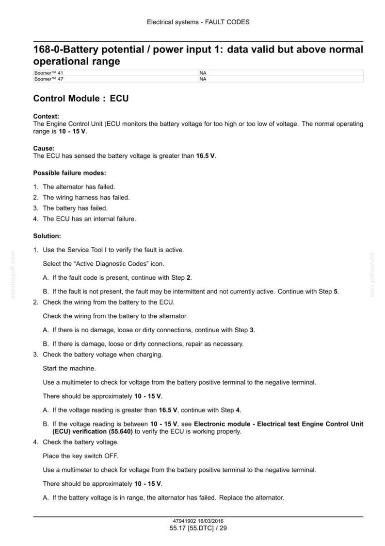 May include: A diagnostic document detailing fault codes for electrical systems. The text describes a battery potential issue, including the normal operating voltage range of 10-15V. It lists possible failure modes and solutions, with instructions for troubleshooting.