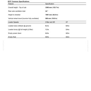 May include: A detailed specifications sheet for a 621F model, including dimensions and loader speeds. Overall height is 133.7 inches, and vertical wheel travel is 19.9 inches. The sheet also lists the time for loaded raise and empty power down.