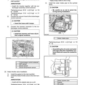 May include: Diagram of the removal and installation of a cylinder head, with detailed instructions and diagrams for various components, including the turbocharger control solenoid and water intake pipe. Includes tightening torque specifications in foot-pounds.