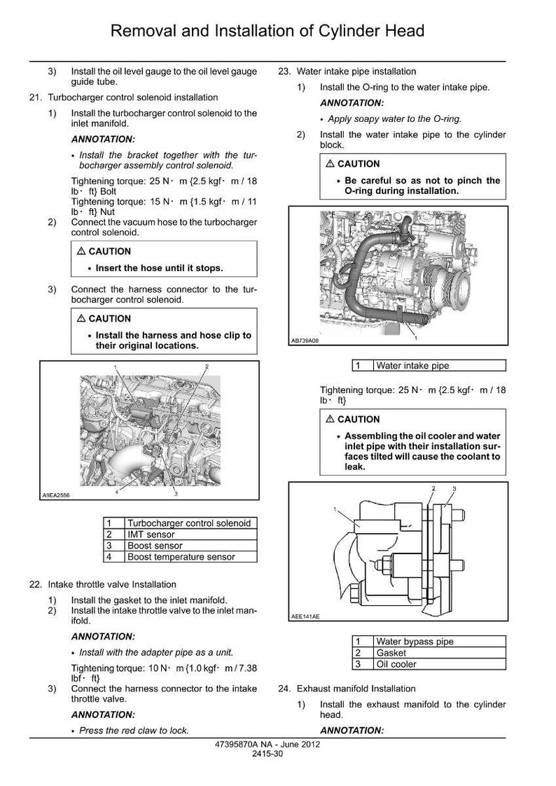May include: Diagram of the removal and installation of a cylinder head, with detailed instructions and diagrams for various components, including the turbocharger control solenoid and water intake pipe. Includes tightening torque specifications in foot-pounds.