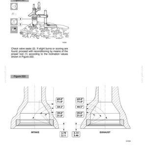 May include: Diagram of engine valve seats with measurements and angles for reconditioning. Includes figures for intake and exhaust, with angles like 69.0&deg; and 71.0&deg;. Text includes "667TA ENGINE OVERHAUL" and "VALVES SEATS".