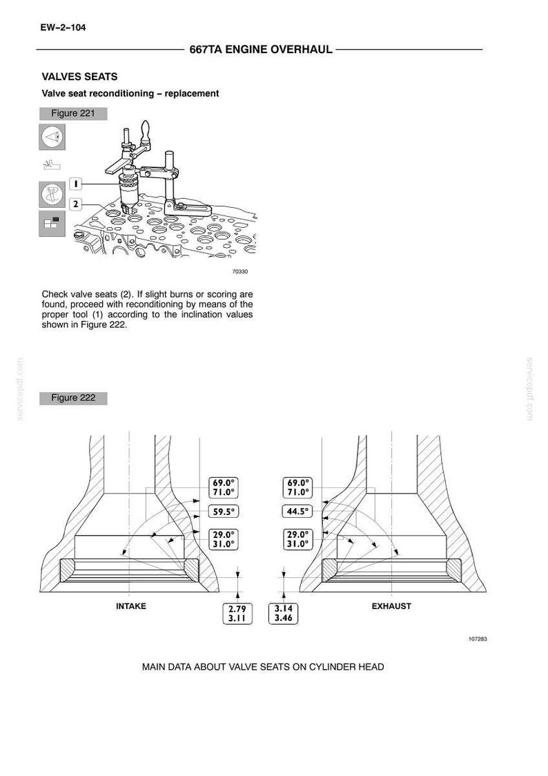 May include: Diagram of engine valve seats with measurements and angles for reconditioning. Includes figures for intake and exhaust, with angles like 69.0&deg; and 71.0&deg;. Text includes "667TA ENGINE OVERHAUL" and "VALVES SEATS".