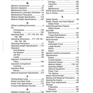 May include: A detailed index page from a manual, featuring a list of terms and page numbers. The text is in black font on a white background, with categories like "Maintenance" and "Specifications".