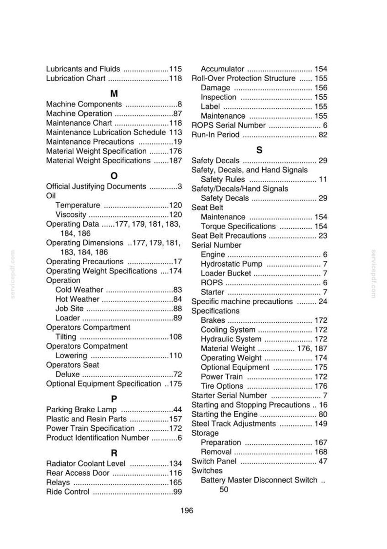 May include: A detailed index page from a manual, featuring a list of terms and page numbers. The text is in black font on a white background, with categories like "Maintenance" and "Specifications".