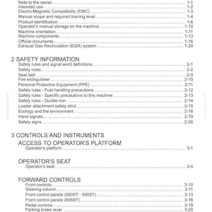 May include: A detailed contents page from a manual, listing sections on general information, safety, and controls. The text is black on a white background, with page numbers on the right.