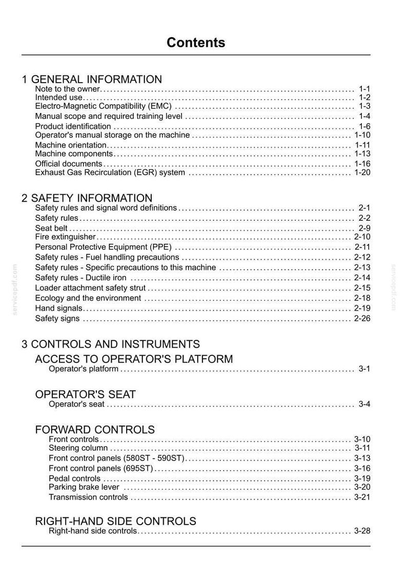 May include: A detailed contents page from a manual, listing sections on general information, safety, and controls. The text is black on a white background, with page numbers on the right.