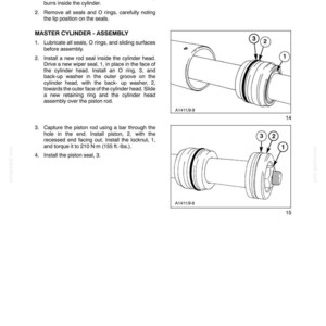 May include: A technical manual page titled SECTION 35 - HYDRAULIC SYSTEM - CHAPTER 1, detailing master cylinder inspection and assembly. It includes numbered diagrams of cylinder components, piston rods, and seals, with a torque specification of 155 ft.-lbs.