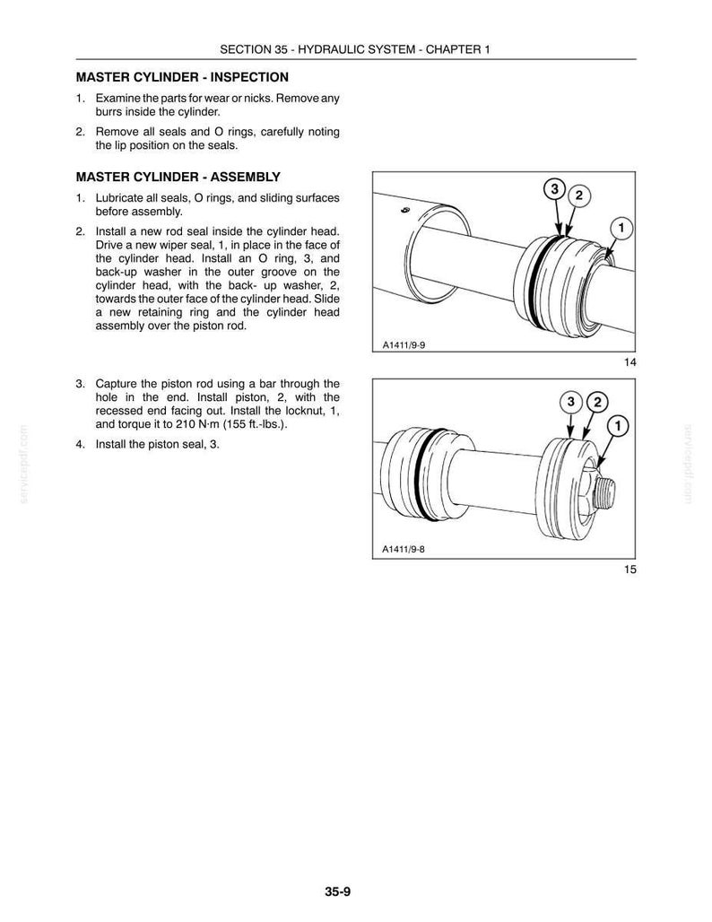 May include: A technical manual page titled SECTION 35 - HYDRAULIC SYSTEM - CHAPTER 1, detailing master cylinder inspection and assembly. It includes numbered diagrams of cylinder components, piston rods, and seals, with a torque specification of 155 ft.-lbs.