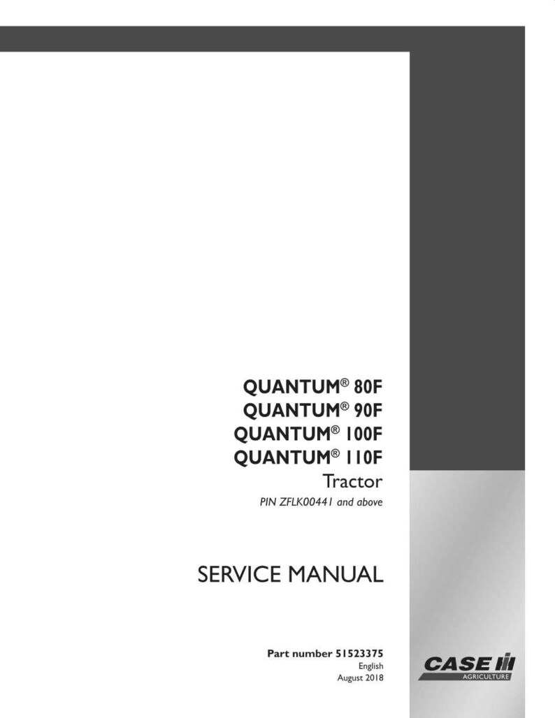 May include: A white service manual with the text "QUANTUM 80F, 90F, 100F, 110F Tractor" and "SERVICE MANUAL". The manual includes the Case IH Agriculture logo and part number 51523375.