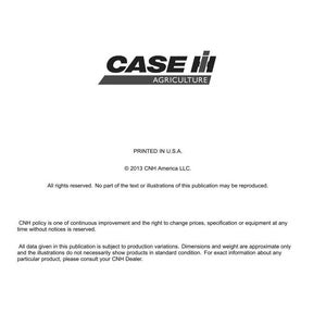 May include: A white document with the "CASE IH AGRICULTURE" logo in black and red. The document includes text about technical publications and tools, copyright information, and a disclaimer. The document is printed in the U.S.A.