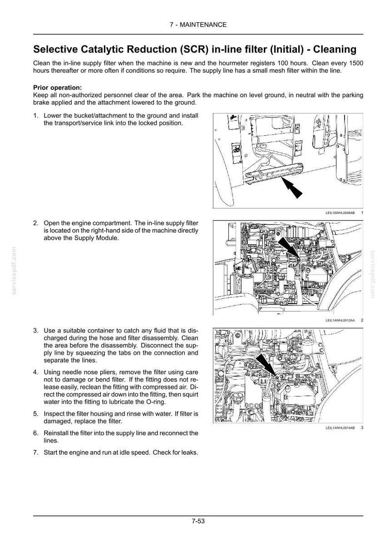 May include: A page from a maintenance manual detailing the cleaning of an in-line filter for Selective Catalytic Reduction (SCR) systems. The manual includes diagrams and instructions for the process, with arrows pointing to specific components.