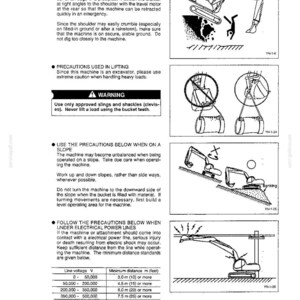 May include: A black and white technical manual page titled SAFETY, featuring diagrams and text instructions for excavator operation. It includes warnings about slope stability, lifting procedures, and maintaining safe distances from electrical power lines.