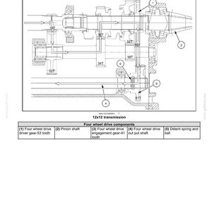 Pu&ograve; includere: Diagramma tecnico di un cambio a quattro ruote motrici (4WD), che illustra componenti come l'albero pignone e l'ingranaggio di innesto. Include uno schema di trasmissione 12x12 con misure. Illustrazione tecnica dettagliata.