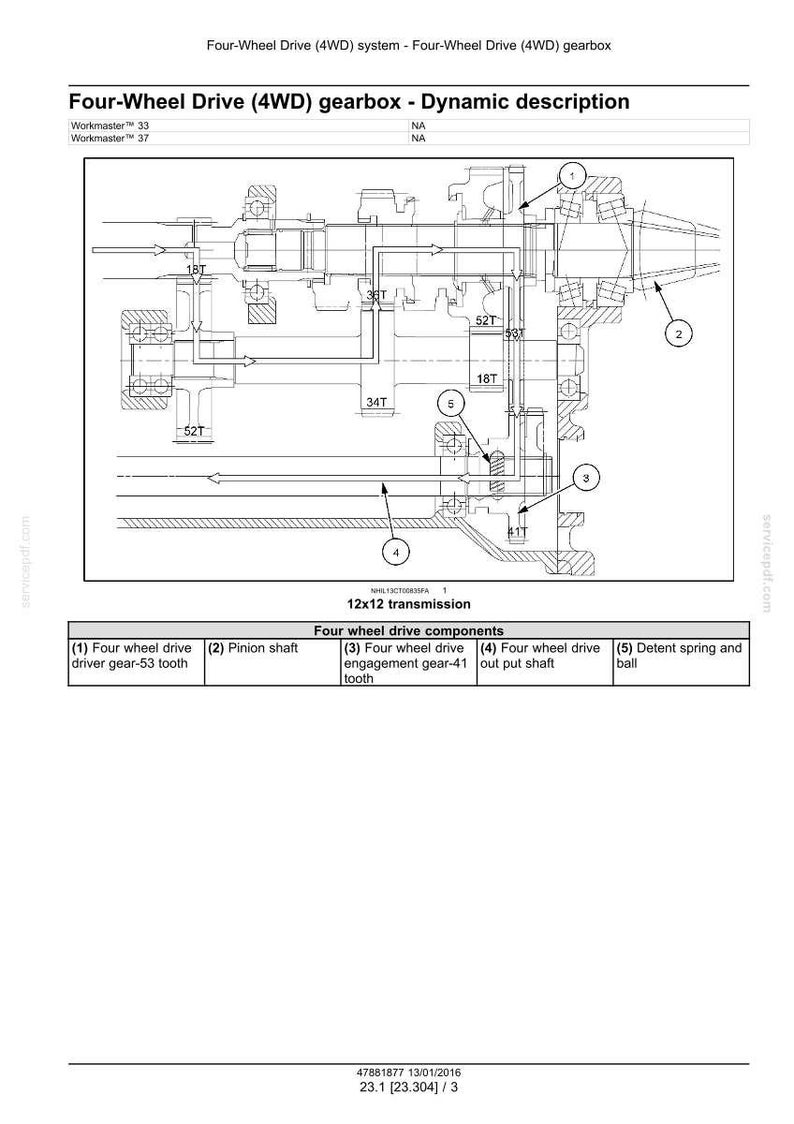 Pu&ograve; includere: Diagramma tecnico di un cambio a quattro ruote motrici (4WD), che illustra componenti come l'albero pignone e l'ingranaggio di innesto. Include uno schema di trasmissione 12x12 con misure. Illustrazione tecnica dettagliata.