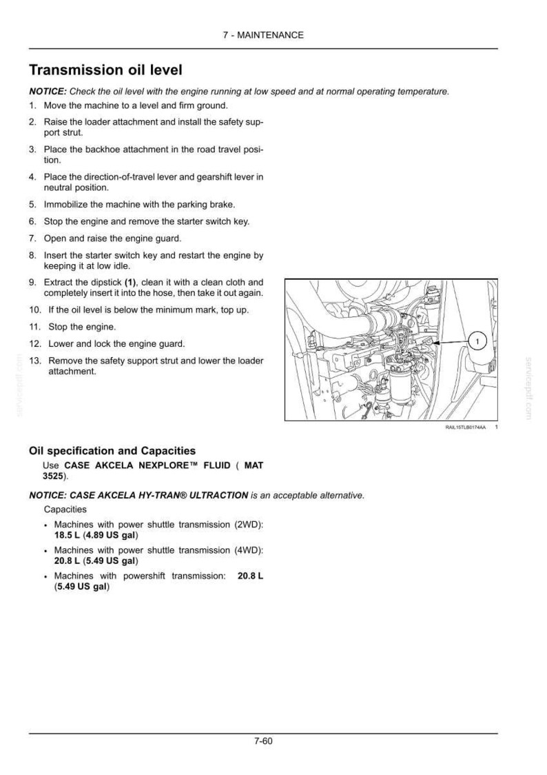 May include: Page from a maintenance manual detailing transmission oil level checks. Includes instructions, a diagram of engine components, and oil capacity specifications in liters and US gallons.