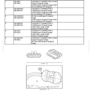 Op de afbeelding: Diagram van elektrische systemen, kabelbomen en connectoren. De afbeelding bevat een tabel met pinnummers, draadnummers en circuitreferenties. Illustraties van connectoren en bedrading zijn ook aanwezig.