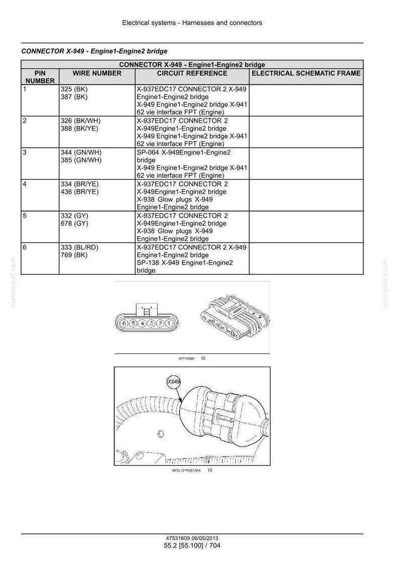 Op de afbeelding: Diagram van elektrische systemen, kabelbomen en connectoren. De afbeelding bevat een tabel met pinnummers, draadnummers en circuitreferenties. Illustraties van connectoren en bedrading zijn ook aanwezig.