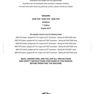 May include: A white document from CNH Latin America LTDA. with the title "GRADERS" and model numbers 845B VHP, 865B VHP, and 885B VHP. The document is an operation manual, 1st Edition, English 03/12.