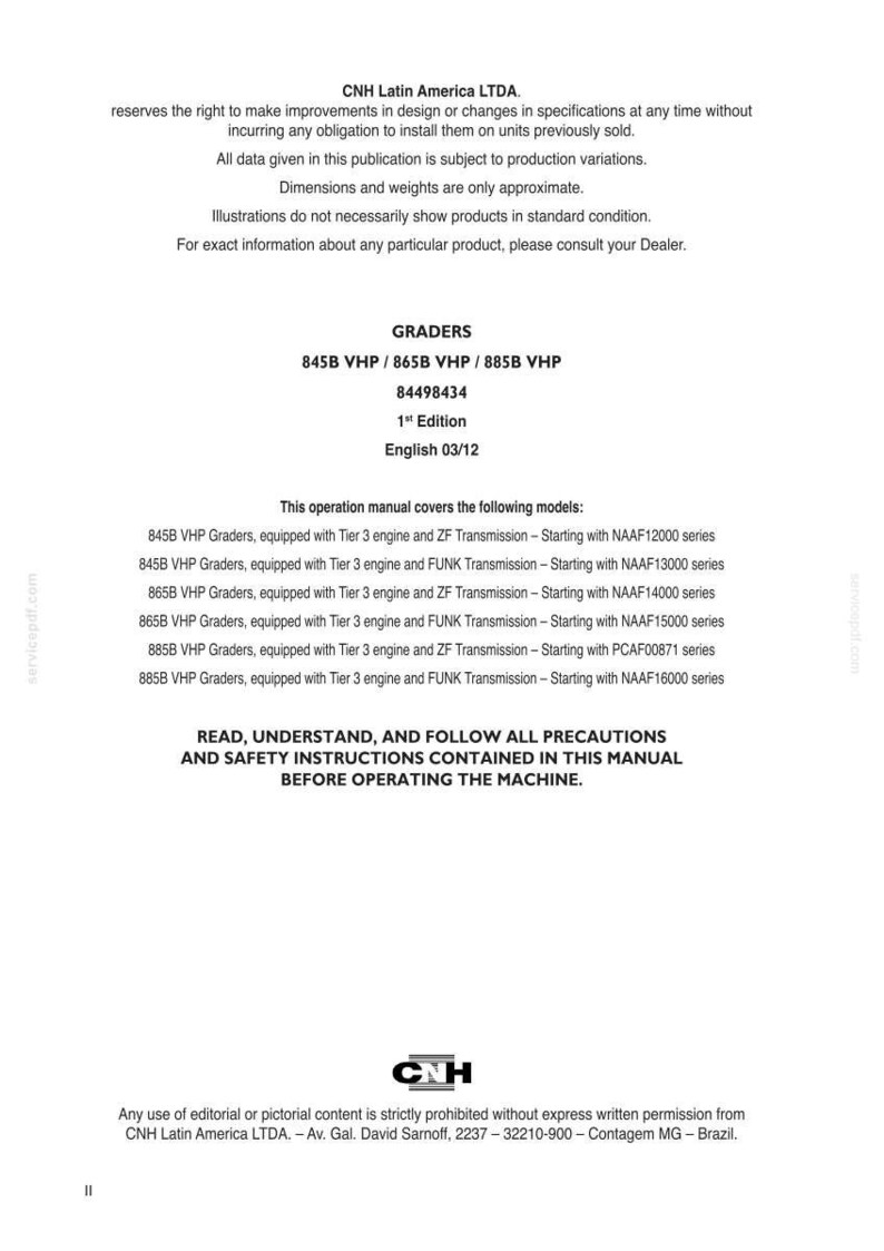 May include: A white document from CNH Latin America LTDA. with the title "GRADERS" and model numbers 845B VHP, 865B VHP, and 885B VHP. The document is an operation manual, 1st Edition, English 03/12.