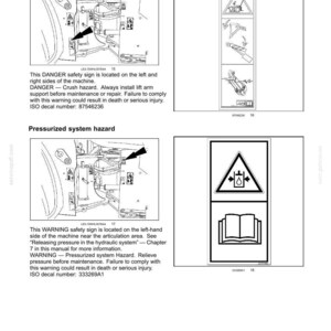 May include: Safety information page with diagrams and warnings. Includes a "Crush Hazard" warning with a diagram of a machine and a warning symbol. Also shows a "Pressurized system hazard" warning with a diagram and text.