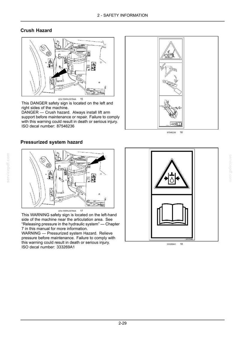 May include: Safety information page with diagrams and warnings. Includes a "Crush Hazard" warning with a diagram of a machine and a warning symbol. Also shows a "Pressurized system hazard" warning with a diagram and text.