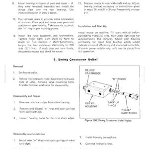 May include: Diagram of a hydraulic system component, labeled "Swing Crossover Relief Valve." The image includes a valve housing, relief cartridge, and "O" rings. Text details removal, disassembly, repair, and reassembly instructions. The page number is 219.