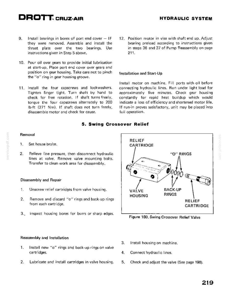 May include: Diagram of a hydraulic system component, labeled "Swing Crossover Relief Valve." The image includes a valve housing, relief cartridge, and "O" rings. Text details removal, disassembly, repair, and reassembly instructions. The page number is 219.