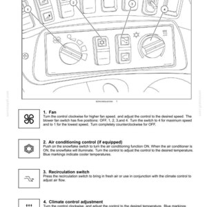 May include: Diagram of climate control panel with fan, air conditioning, recirculation, and temperature adjustment controls. Includes text descriptions for each control, with snowflake and fan symbols.