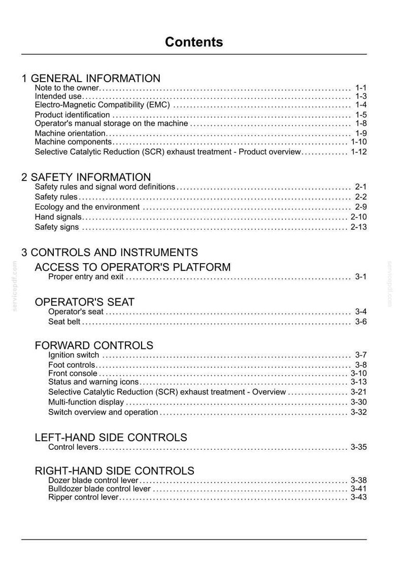 May include: A page from a manual titled "Contents" with a list of topics including "General Information", "Safety Information", and "Controls and Instruments". The text is black on a white background.