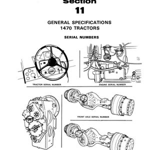 Puede incluir: Diagrama en blanco y negro de piezas de tractor, incluyendo un volante, componentes del motor y ejes. El texto incluye "Secci&oacute;n 11", "Especificaciones generales" y "N&uacute;meros de serie." Medidas en cm.