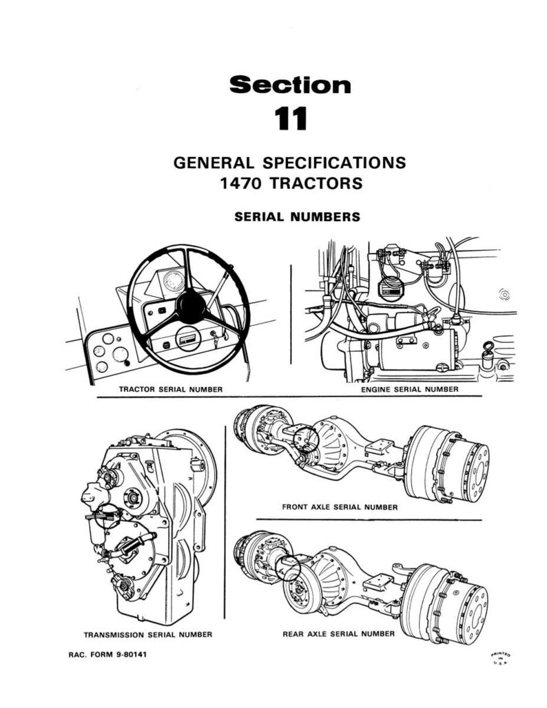 Puede incluir: Diagrama en blanco y negro de piezas de tractor, incluyendo un volante, componentes del motor y ejes. El texto incluye "Secci&oacute;n 11", "Especificaciones generales" y "N&uacute;meros de serie." Medidas en cm.
