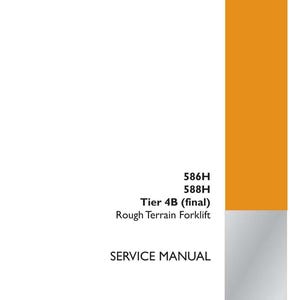 K&ouml;nnte beinhalten: Ein wei&szlig;es Servicehandbuch mit orangefarbenen R&auml;ndern und Akzenten. Der Text enth&auml;lt "586H, 588H, Tier 4B (final), Rough Terrain Forklift, SERVICE MANUAL." Das Case Construction-Logo befindet sich unten rechts.