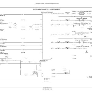 Puede incluir: Un diagrama esquem&aacute;tico detallado de un sistema el&eacute;ctrico automotriz, que presenta el cuadro de instrumentos y el veloc&iacute;metro. El diagrama incluye etiquetas para varios componentes como el alternador, los sensores y los interruptores, todos interconectados con l&iacute;neas y s&iacute;mbolos. El texto "Sheet 11" es visible.
