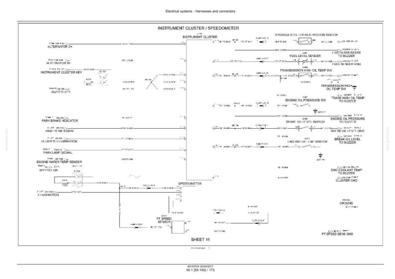 Puede incluir: Un diagrama esquem&aacute;tico detallado de un sistema el&eacute;ctrico automotriz, que presenta el cuadro de instrumentos y el veloc&iacute;metro. El diagrama incluye etiquetas para varios componentes como el alternador, los sensores y los interruptores, todos interconectados con l&iacute;neas y s&iacute;mbolos. El texto "Sheet 11" es visible.