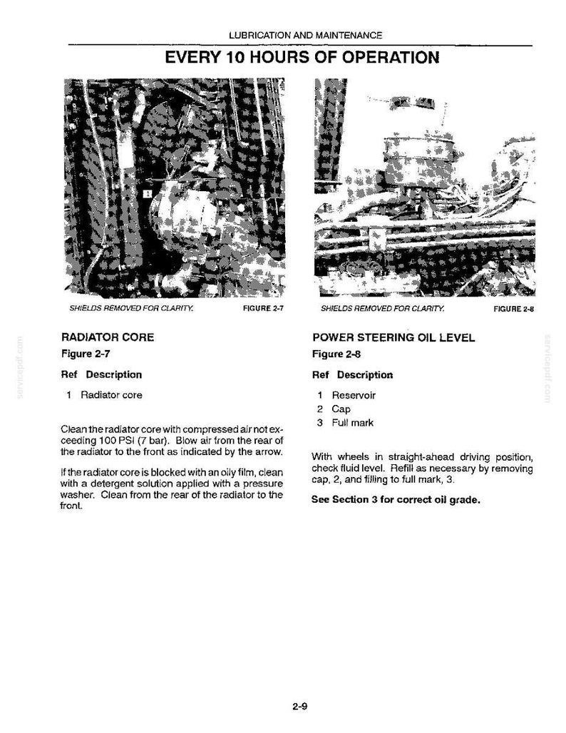 May include: A technical manual page titled LUBRICATION AND MAINTENANCE EVERY 10 HOURS OF OPERATION. It features two black and white diagrams, Figure 2-7 showing a radiator core and Figure 2-8 showing a power steering oil reservoir, cap, and full mark.