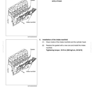 Op de afbeelding: Een technisch diagram dat de verwijdering en installatie van een inlaatspruitstuk en pakking toont. Het document bevat instructies voor reiniging, het vervangen van de pakking en een gespecificeerd aanhaalmoment van 55 N-m, 560 kgf-cm.