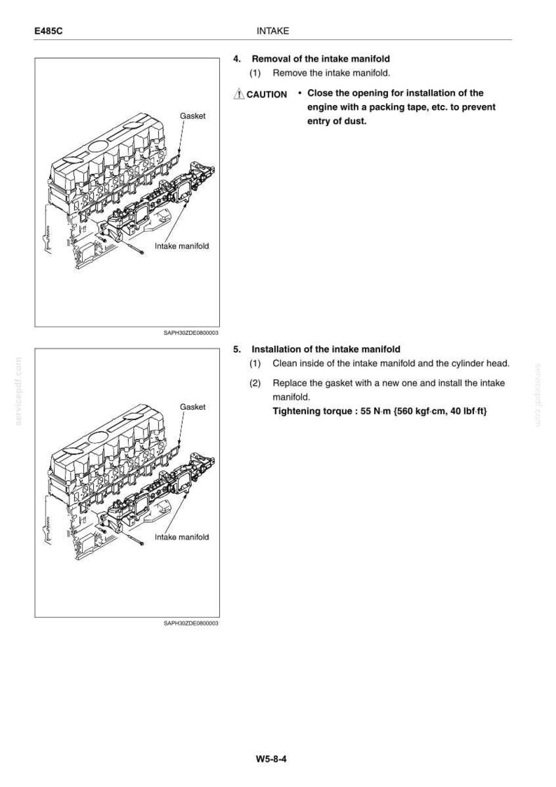 Op de afbeelding: Een technisch diagram dat de verwijdering en installatie van een inlaatspruitstuk en pakking toont. Het document bevat instructies voor reiniging, het vervangen van de pakking en een gespecificeerd aanhaalmoment van 55 N-m, 560 kgf-cm.