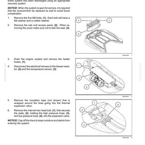 May include: A technical manual page titled Air-conditioning evaporator - Remove - Heater Core Replacement, featuring black and white line drawings with numbered callouts for mechanical components, instructions, and notices for vehicle maintenance.
