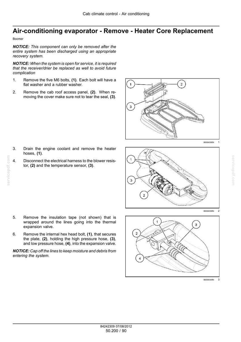 May include: A technical manual page titled Air-conditioning evaporator - Remove - Heater Core Replacement, featuring black and white line drawings with numbered callouts for mechanical components, instructions, and notices for vehicle maintenance.